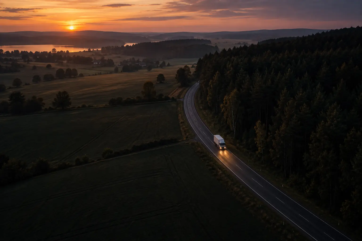 Aerial view at dusk of a country road with a single box truck