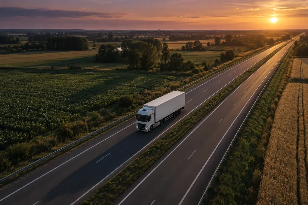 Aerial view of a white articulated truck on a highway through fields at sunset