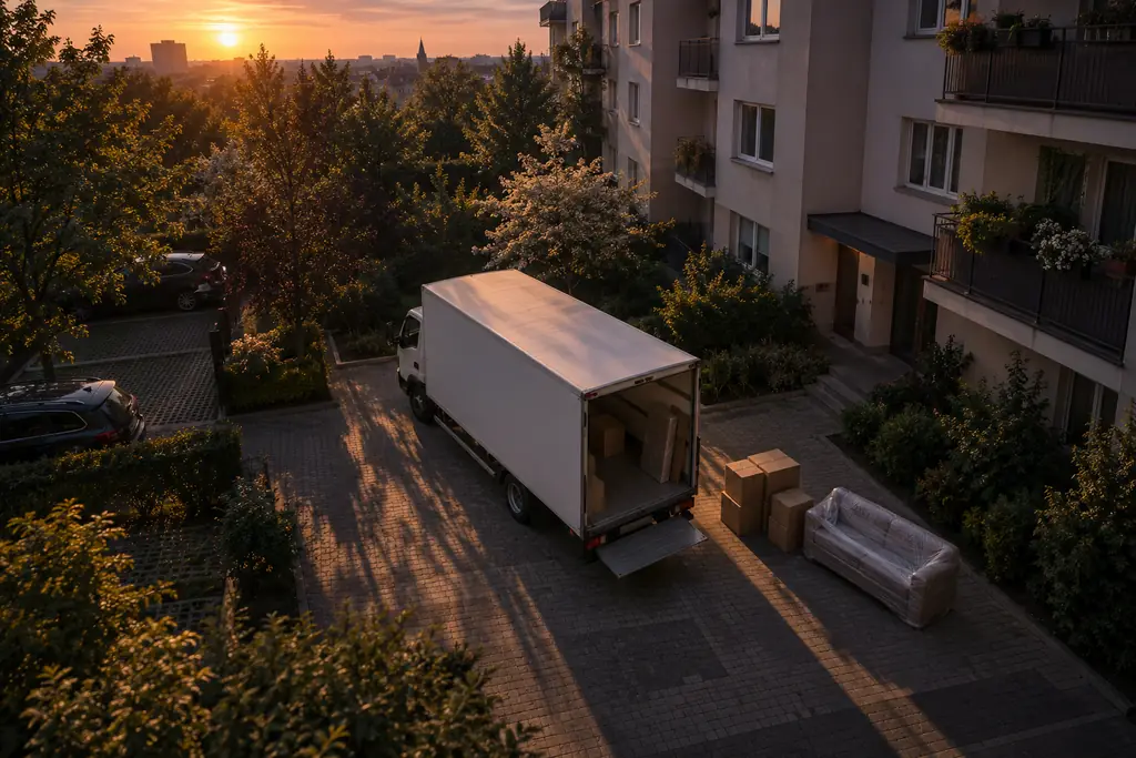 Aerial view of a box truck in a housing estate courtyard with boxes and a wrapped sofa beside it