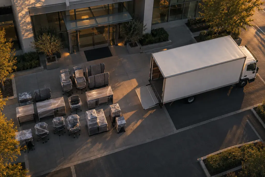 Aerial view of a box truck at an office building with wrapped office furniture lined up outside