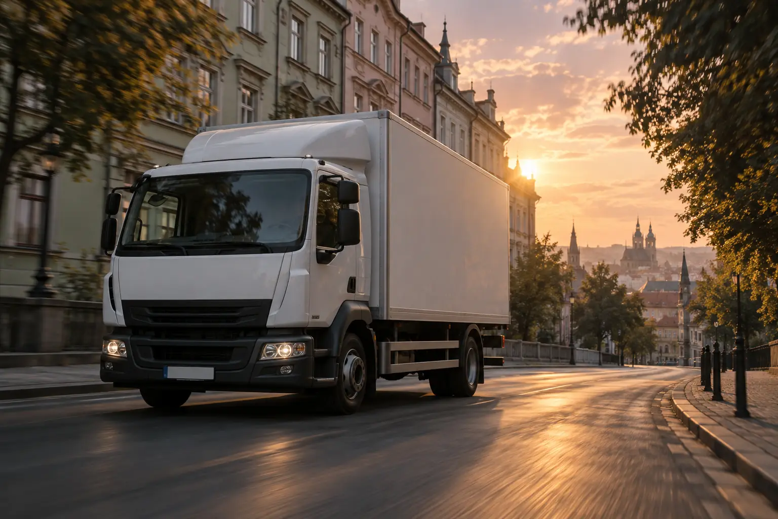 A white box truck driving down a quiet city street in warm evening light