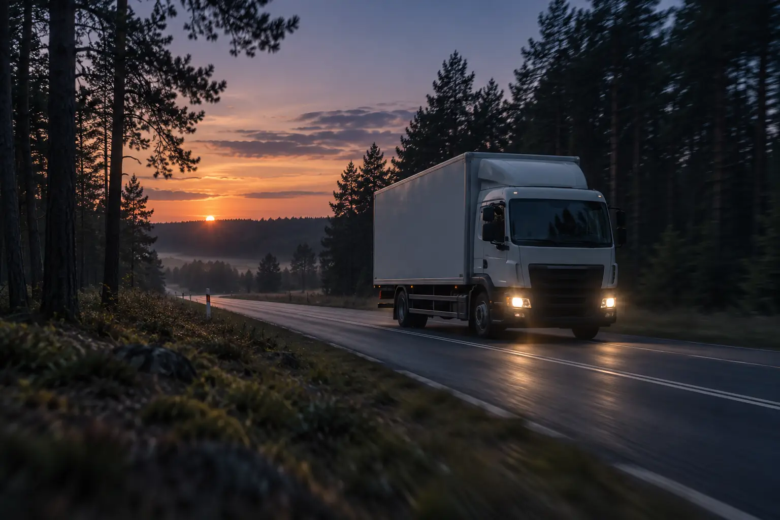 A white box truck on a forest road at dusk with its headlights on